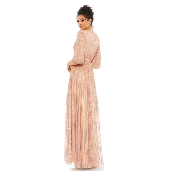 NEW Mac Duggal Sequined Wrap Over 3/4 Sleeve Gown in Apricot Size 18 - Picture 3 of 12